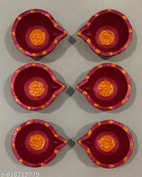 JayDeep Arts Exclusive Hand Painted Decorative Clay Diya for Diwali Karthik Pooja Festivals | Terracotta (Pack of 6) Table Diya Set