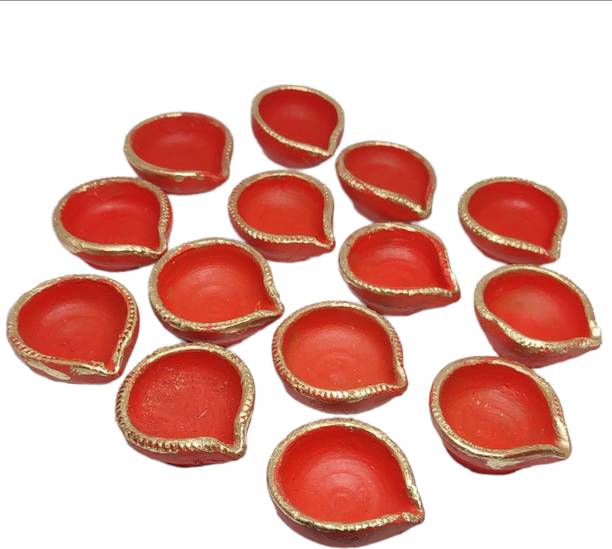 Divine Bazaar Clay Diya/Terracotta Decorative Diwali Tealight Oil Lamp for Pooja Earthenware (Pack of 14) Table Diya Set