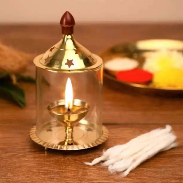 SBBCO Brass Akhand Diya with Glass Cover/Akhand Diya/Jyoti Diya/Oil Puja Lamp/ Brass, Glass Table Diya