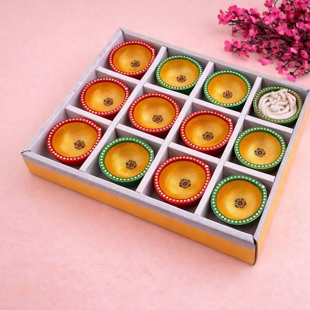 ARTYORA ARTYORA Clay 12 Diya Set for Diwali Festival Home Puja Decoration Decors Terracotta (Pack of 12) Table Diya Set
