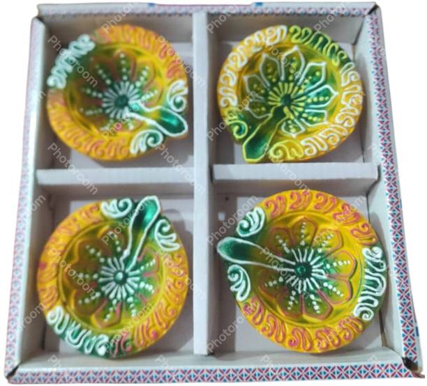 RakeshClayArts Hand-Painted Diya Set of 4 | Decorative Clay Oil Lamps for Puja Decor Terracotta (Pack of 4) Table Diya Set