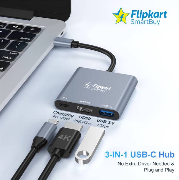Flipkart SmartBuy 3-in-1 Type-C Hub HDMI 4K PD 100W USB 3.0 Aluminium FKSB-3HUP HDMI ADAPTOR
