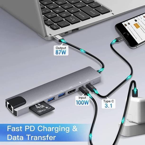 Huayue ™8 in 1 USB C Hub to Adapter RJ45 100mbps Laptop Docking Station Splitter, USB C HUB, 8 in 1 USB C Adapter with 4K HDMI, 100W PD, USB C Port, USB 3.0 SD/TF Card Reader, Type C Multi Port Hub