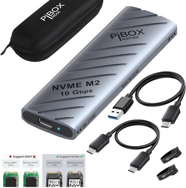 pibox india NVME M2-322-NE Enclosure Case: USB 3.2 10Gbps, Tool-Free, PCI-E NVMe Reader, USB-C, Powerful JM583 Chipset, Supports M & B&M Keys, 2230/2242/2260/2280 SSDs