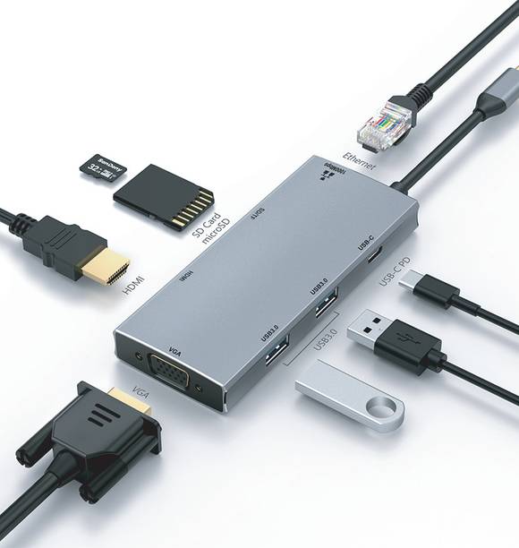 Linetek 3UHCRRP 8-in-1 Type-C Hub, Type C to 2* USB3.0+VGA+HDMI+SD/TF+RJ45+PD