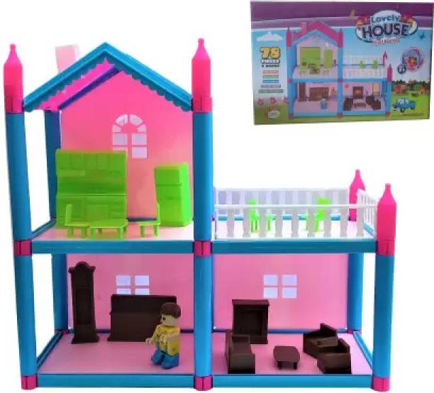 AP KIDS Doll House Playset for Girls, 78 Pcs Large Dollhouse Toy with Accessories