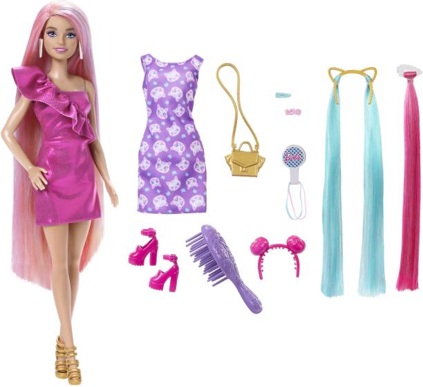 BARBIE Fun & Fancy Hair Doll with Extra-Long Colorful Blonde Hair & Styling Accessories