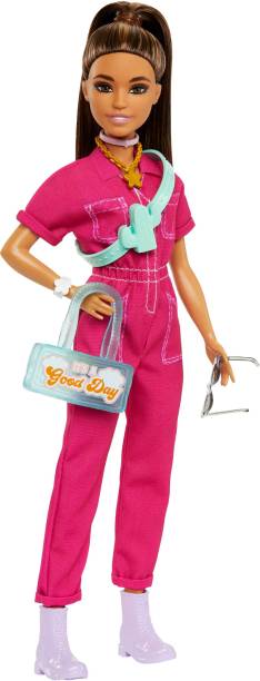 BARBIE Doll in Trendy Pink Jumpsuit with Storytelling Accessories and Pet Puppy
