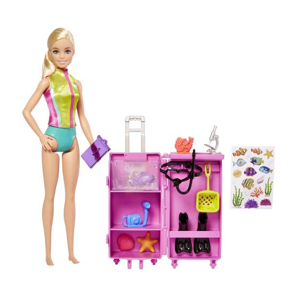 बार्बी Marine Biologist Doll and Accessories, Mobile Lab Playset with 10+ Pieces