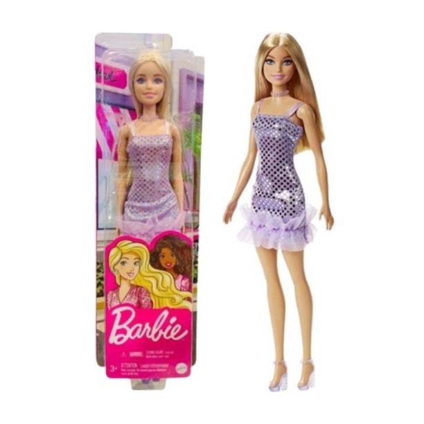 BARBIE Doll, Blonde Hair, Lavender Metallic Mini Dress, Gifts for Kid