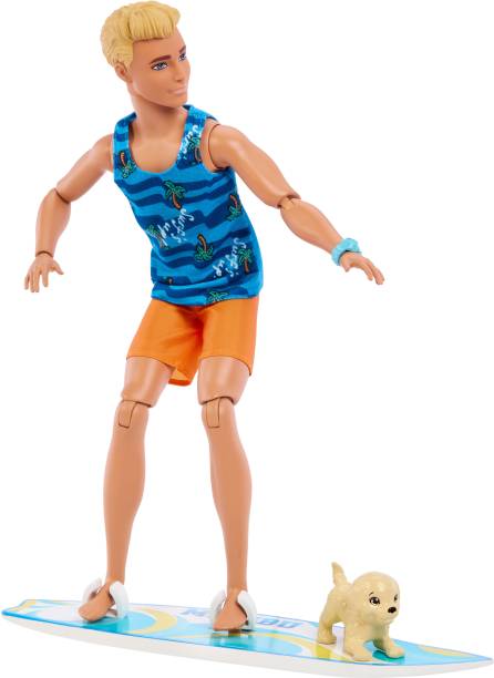 BARBIE Ken Doll with Surfboard and Pet Puppy with Themed Accessories