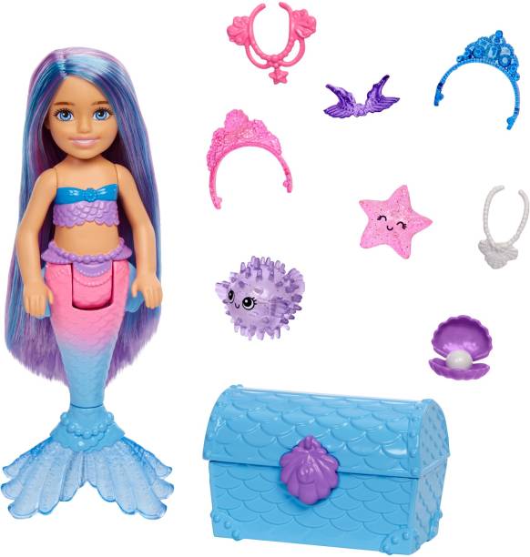 BARBIE Chelsea Mermaid Doll (Blue & Purple Hair) 2 Pets,Treasure Chest & Accessories