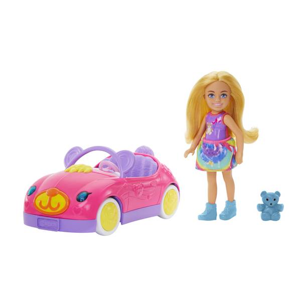 बार्बी Chelsea Vehicle Set with Blonde Small Doll, Toy Car & Teddy Bear Accessory