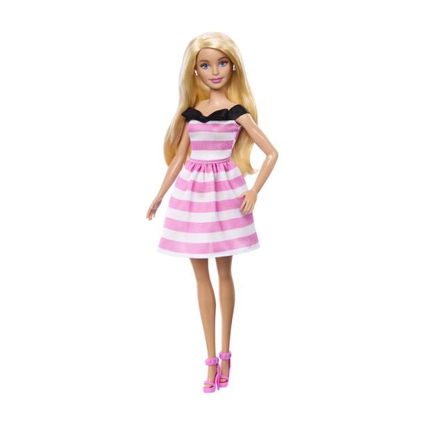 BARBIE 65th Anniversary Doll with Blonde Hair, Pink Striped Dress and Accessories