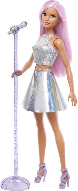 BARBIE Pop Star Doll Dressed In Iridescent Skirt with Microphone and Pink Hair