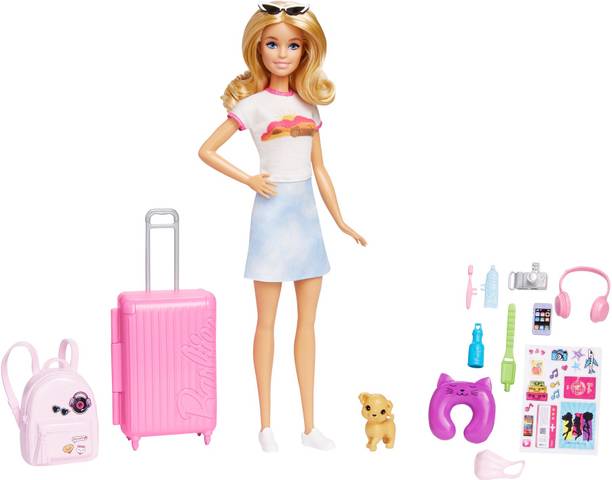 BARBIE Doll and Accessories, Malibu Travel Set with Puppy and 10+ Pieces