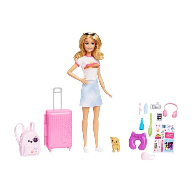 BARBIE Doll and Accessories, Malibu Travel Set with Puppy and 10+ Pieces