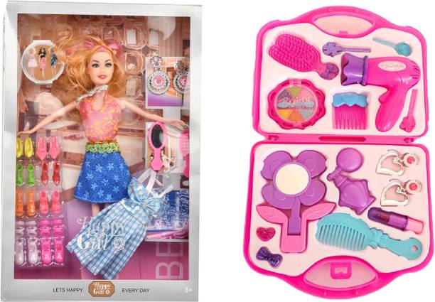 KHYALI Shine Moveable Doll Set With Beauty Set Combo (Plastics Suitcase) for Girls