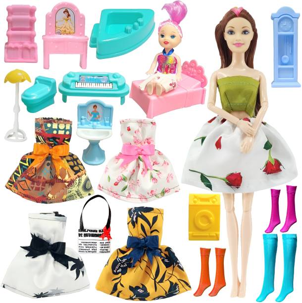 mini gifts - Doll Set With Furniture Accessories, 1 Baby Doll, 4 Dresses, 3 Shoes & 1 Bag
