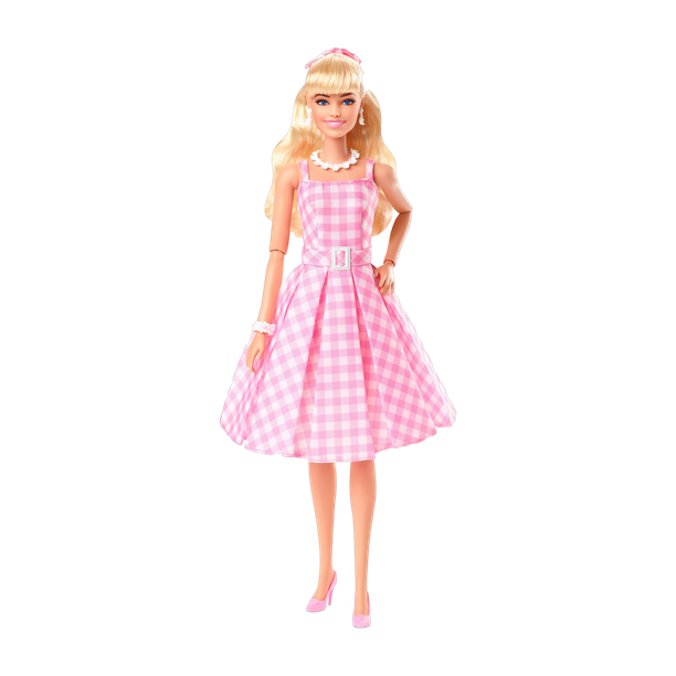 BARBIE The Movie Doll Wearing Pink and White Gingham Dress with Daisy Chain Necklace