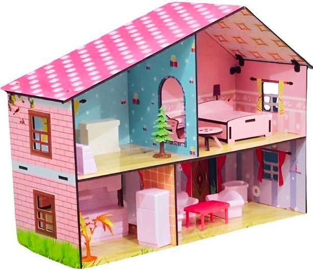 Toyjos 2-Story Wooden Dollhouse Playset | Pretend Play with Furniture& Accessories