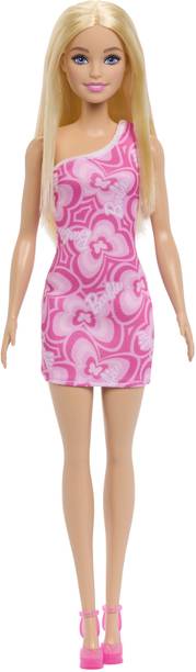 BARBIE Fashion Dolls with Variety of Pink Patterned Dresses and Hair Colors
