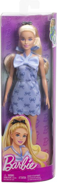 BARBIE Fashionistas Doll in Blue Bow Halter Dress, Blonde Ponytail with Bow Accessory