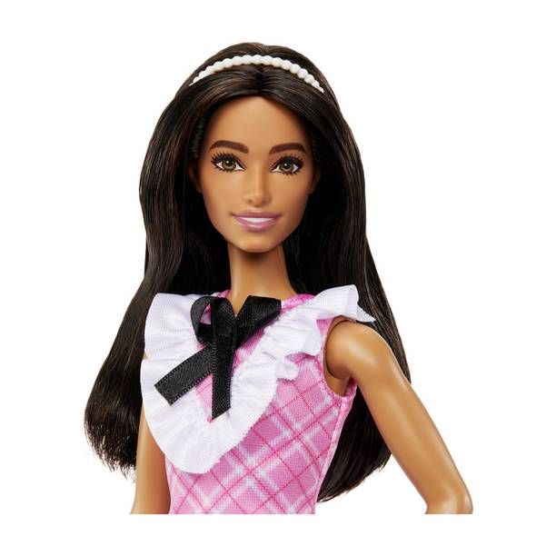 BARBIE Fashionistas Doll #209 with Black Hair Wearing a Pink Plaid Dress & Accessories