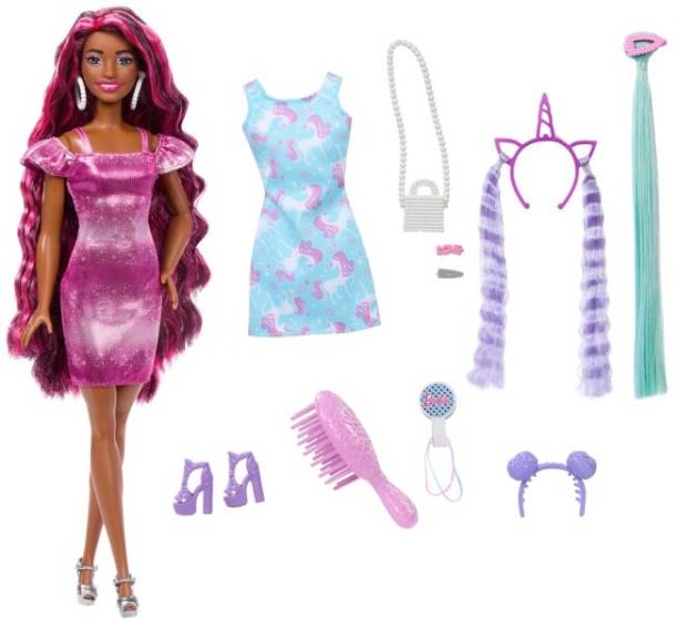 BARBIE Fun & Fancy Hair Doll with Extra-Long Colorful Black Hair & Styling Accessories