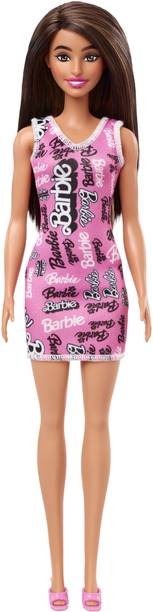 BARBIE Fashion Doll with Straight Brown Hair Wearing Removable Pink Dress & Shoes