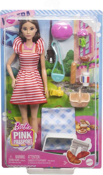 BARBIE Pink Passport Paris Doll Set with Clothes & Picnic Accessories