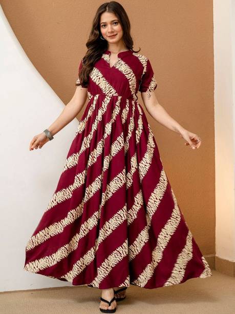 Women Maxi Maroon, Beige Full Length Dress