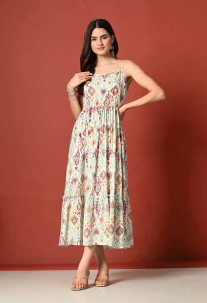 Janki Creation Women Gathered Green Maxi/Full Length Dress