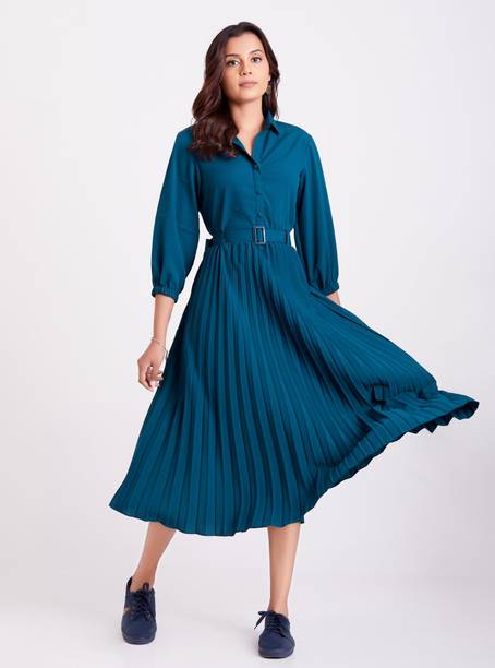 Women Pleated Dark Blue Midi/Calf Length Dress