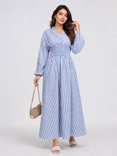 Women Fit and Flare Blue, White Maxi/Full Length Dress