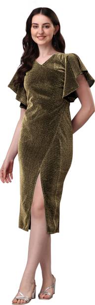 Women A-line Gold, Dark Green Dress