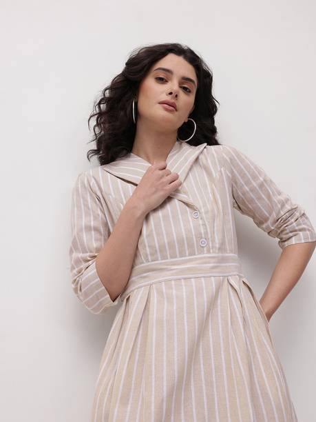 Women A-line Beige, White Midi/Calf Length Dress