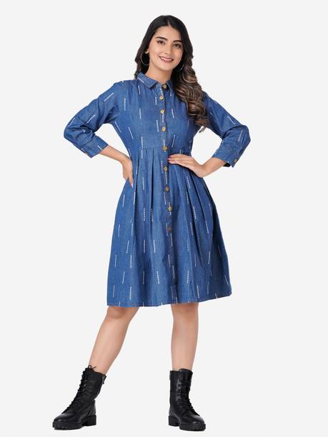 Women Fit and Flare Blue, White Dress