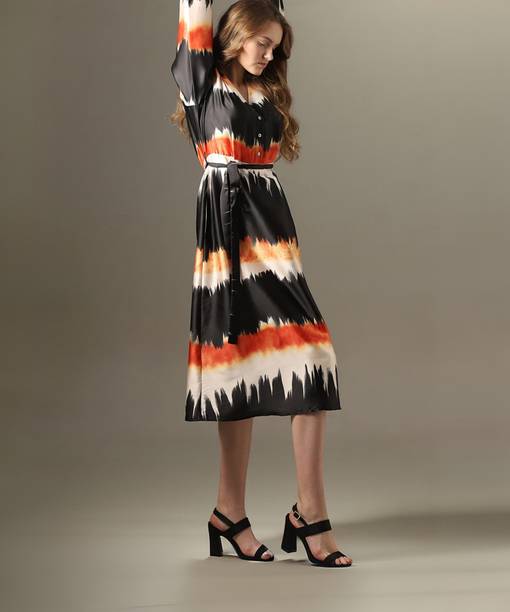 Women A-line Black, White, Orange Midi/Calf Length Dress