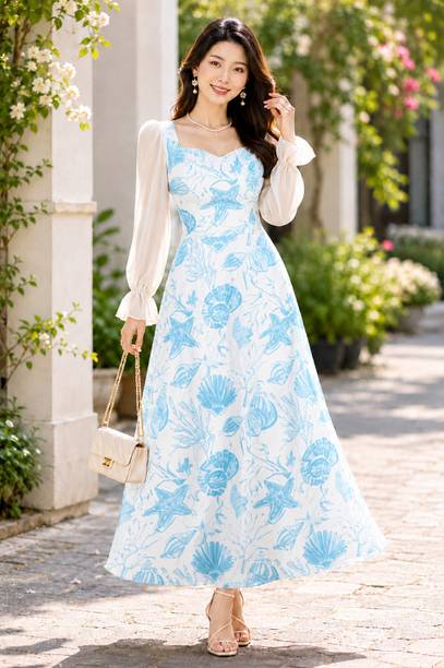 Women Fit and Flare White, Light Blue Maxi/Full Length Dress