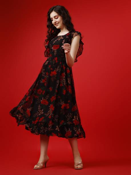 Women Fit and Flare Black, Red, Brown Dress Price in India
