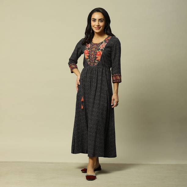 RANGRITI Women Fit and Flare Black Midi/Calf Length Dress