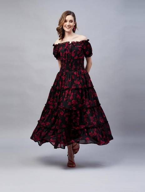 Women Fit and Flare Black, Pink Maxi/Full Length Dress