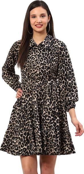 Women Fit and Flare Black, Beige Dress