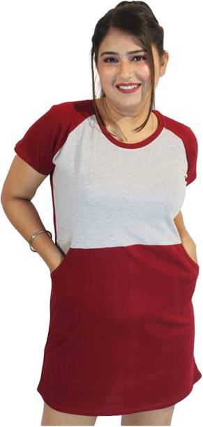 Women Asymmetric Maroon, Grey Knee Length Dress