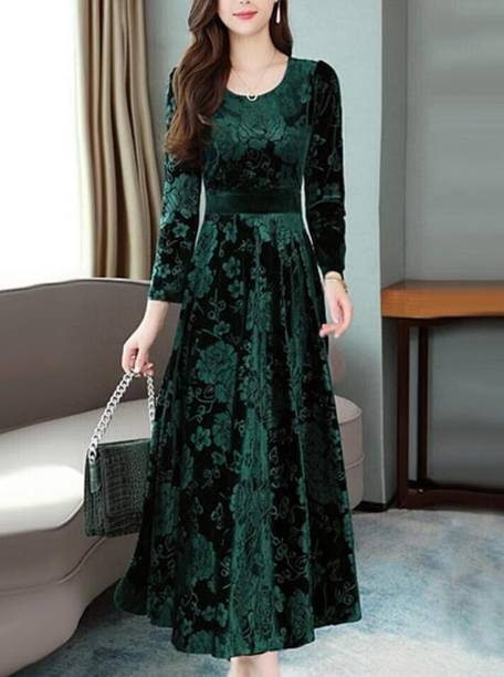 Women Fit and Flare Green, Black Maxi/Full Length Dress