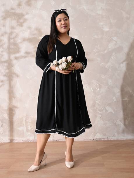 Women Gathered Black Midi/Calf Length Dress