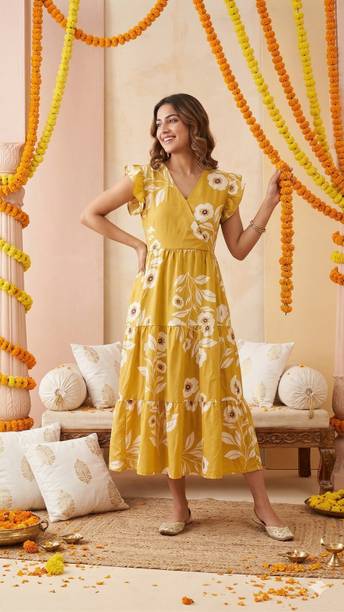 Women Fit and Flare Yellow Knee Length Dress