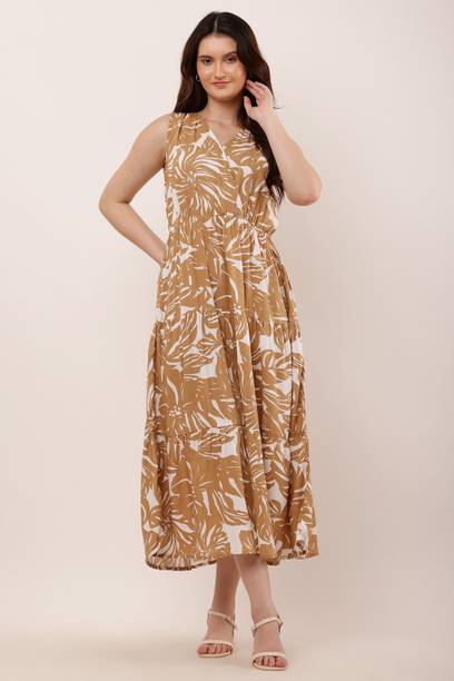 Women A-line Beige Ankle Length Dress