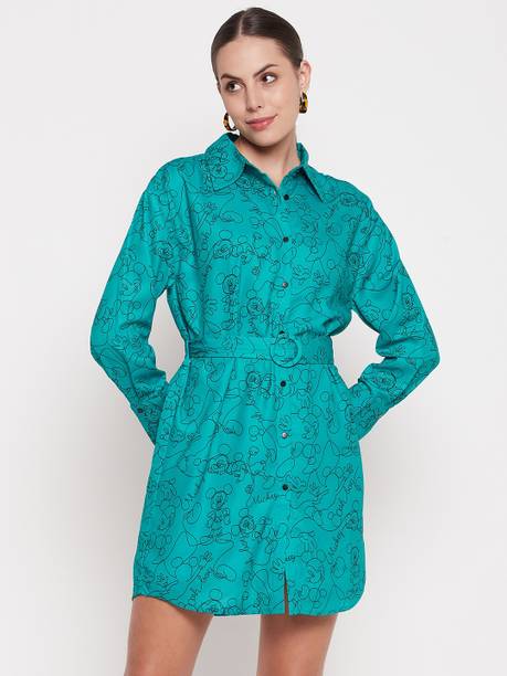 Women Fit and Flare Light Green, Black Above Knee/Mid Thigh Length Dress